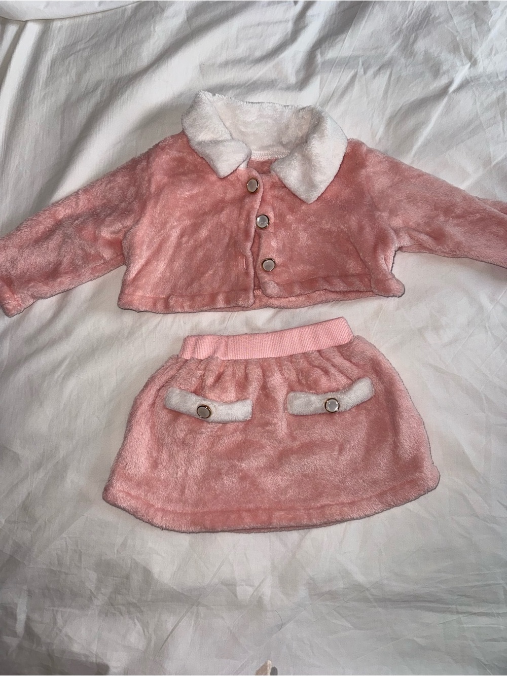 Pink Plush Two-Piece Set with White Faux Fur Collar